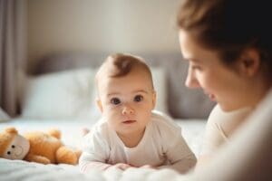 A baby looking directly at the camera while its mum looks across the camera